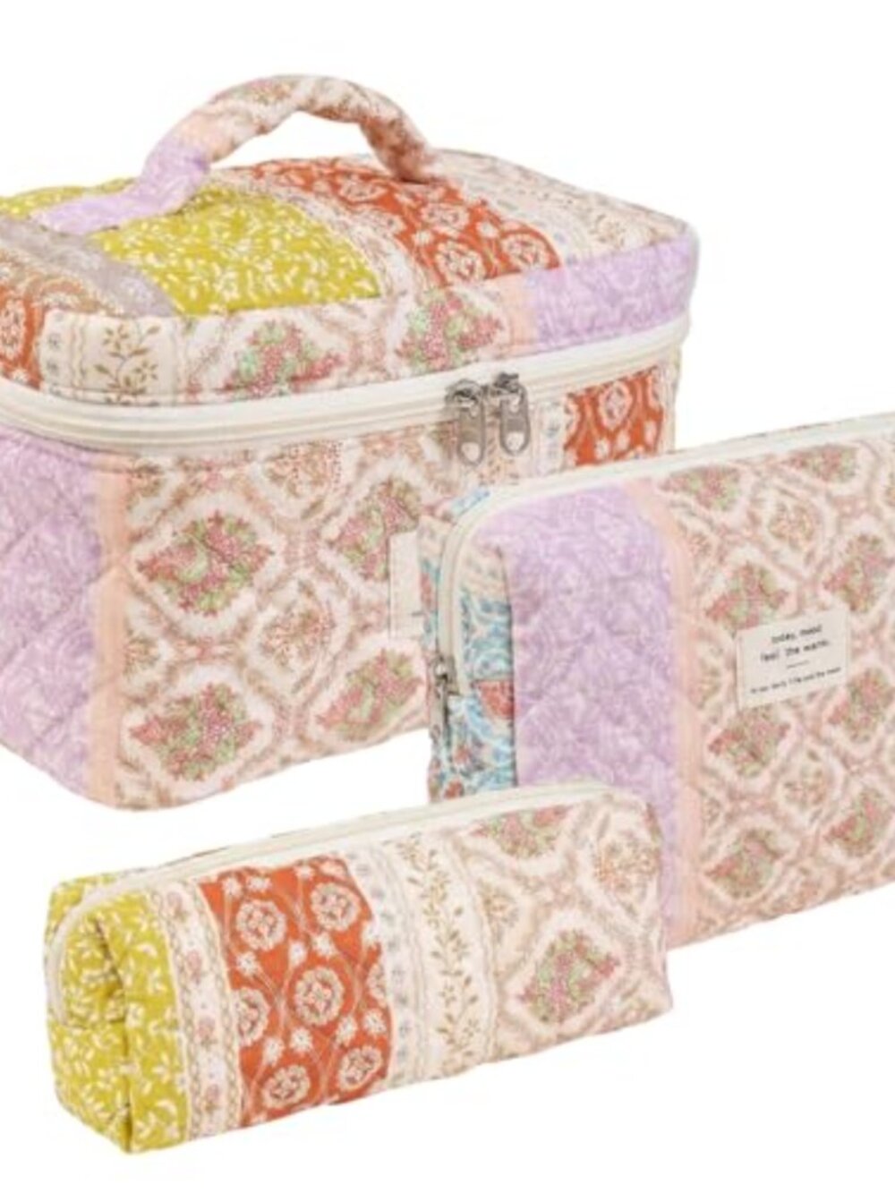 3 Pc Quilted Cotton Patchwork Makeup Bag Set Cosmetic Pouches